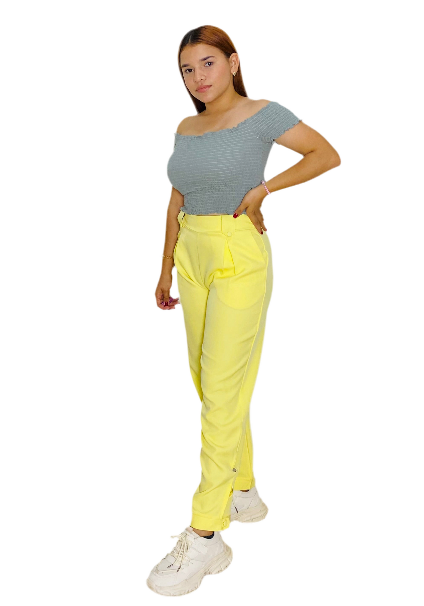 Pantalon tela tiro alto dama mujer amarillo M L XL Intrigue INT3-1737 590499