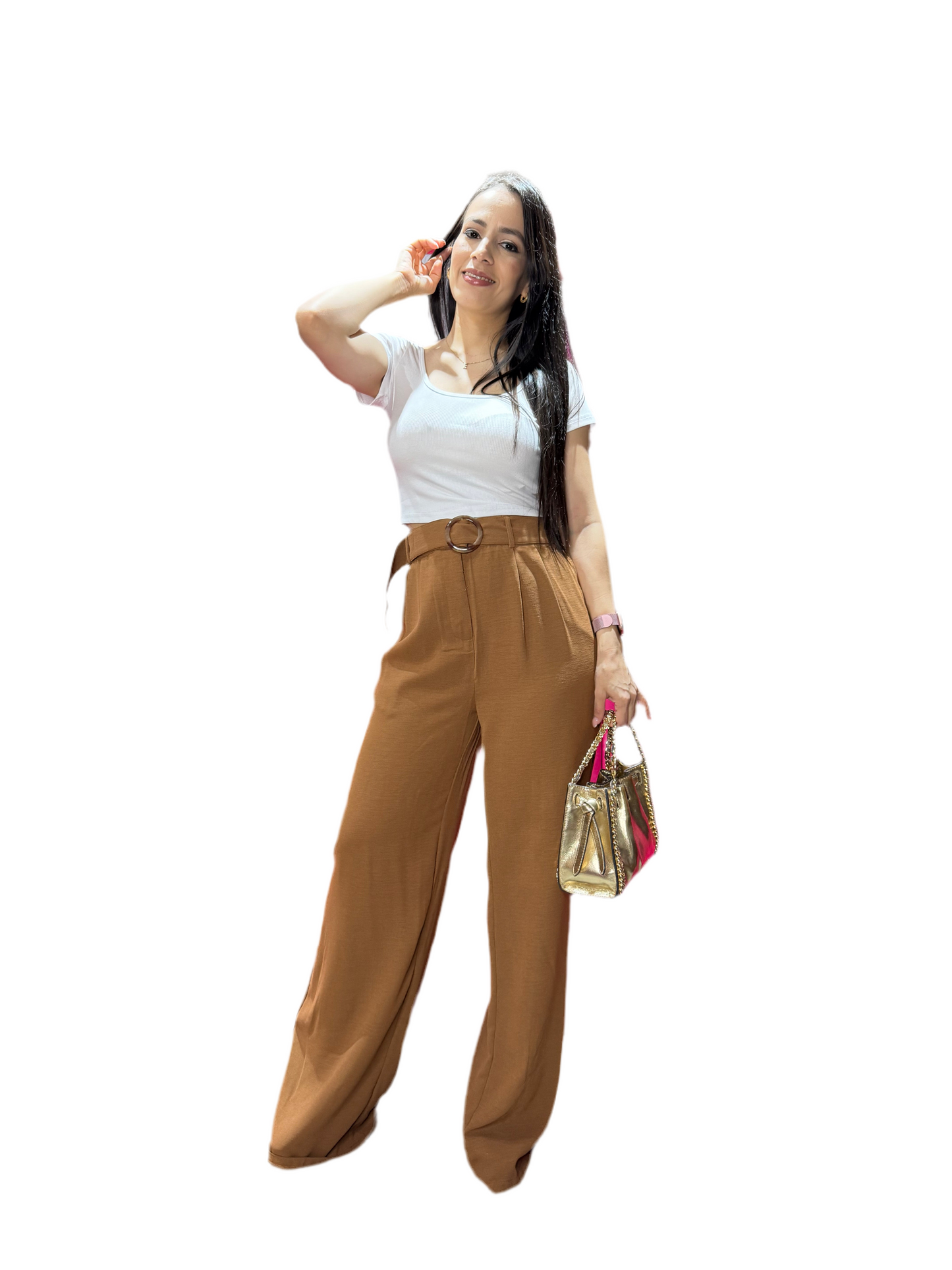 Pantalon de tela mujer wide leg CPD1005-30 590465 nude café