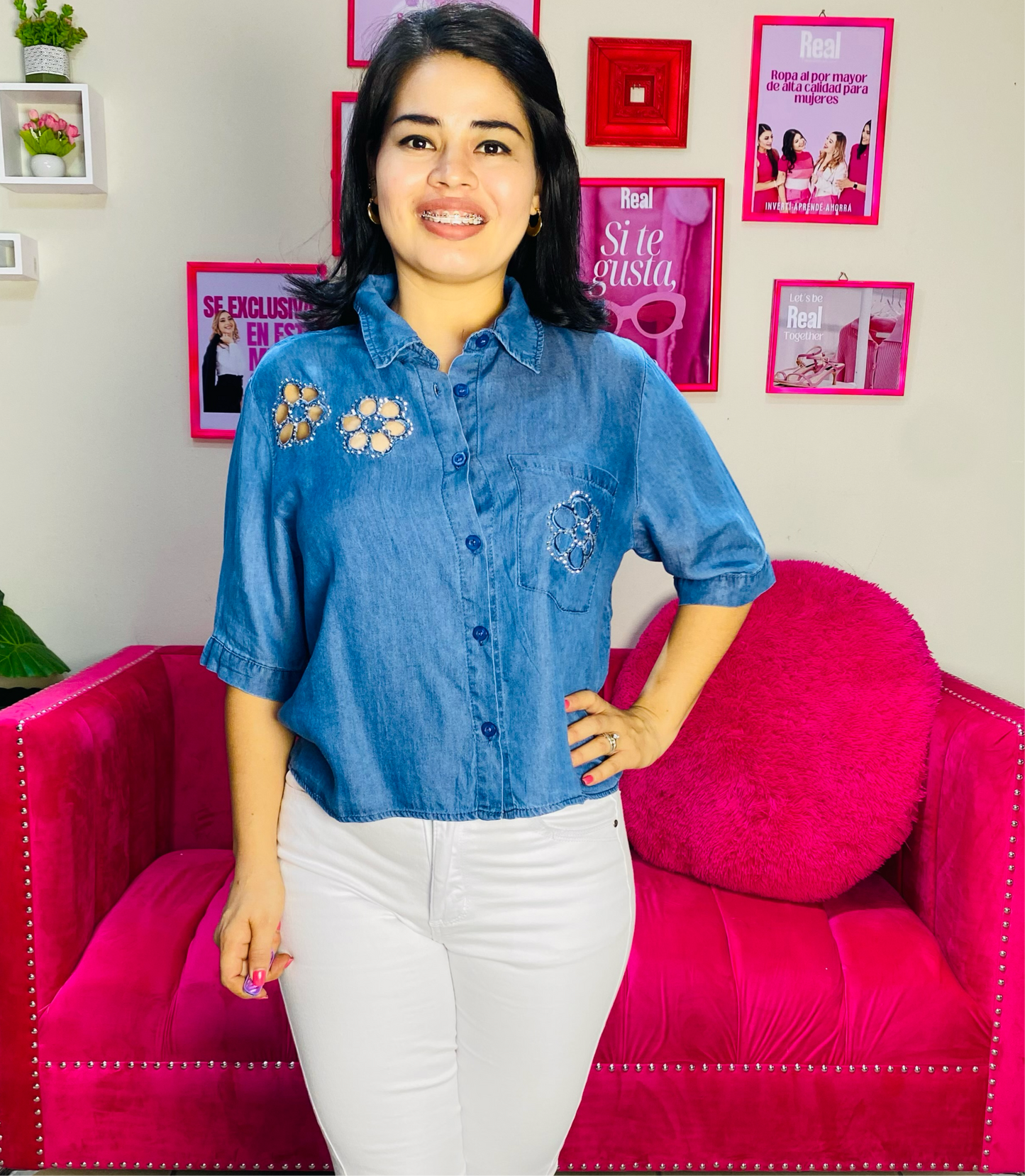 Camisa Blusa Dama azul jeans oscuro flores CTD1188-14 590490