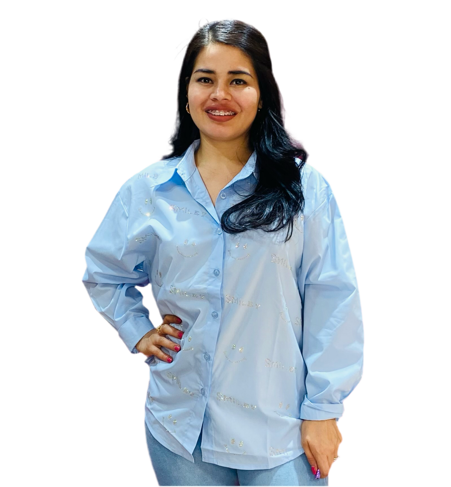 Camisa azul Blusa Dama manga larga happy face smile CTD1198-6 590400
