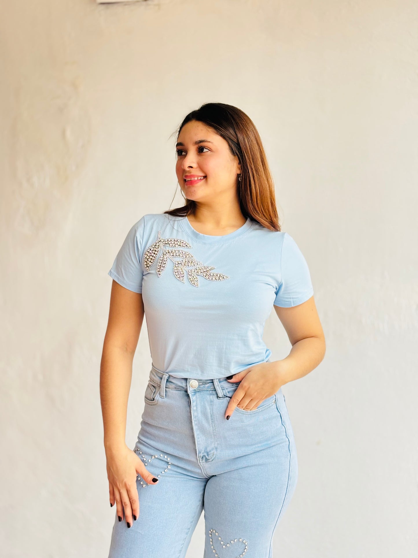 Camisa Blusa para Dama azul hojas CTD1227-19 580375