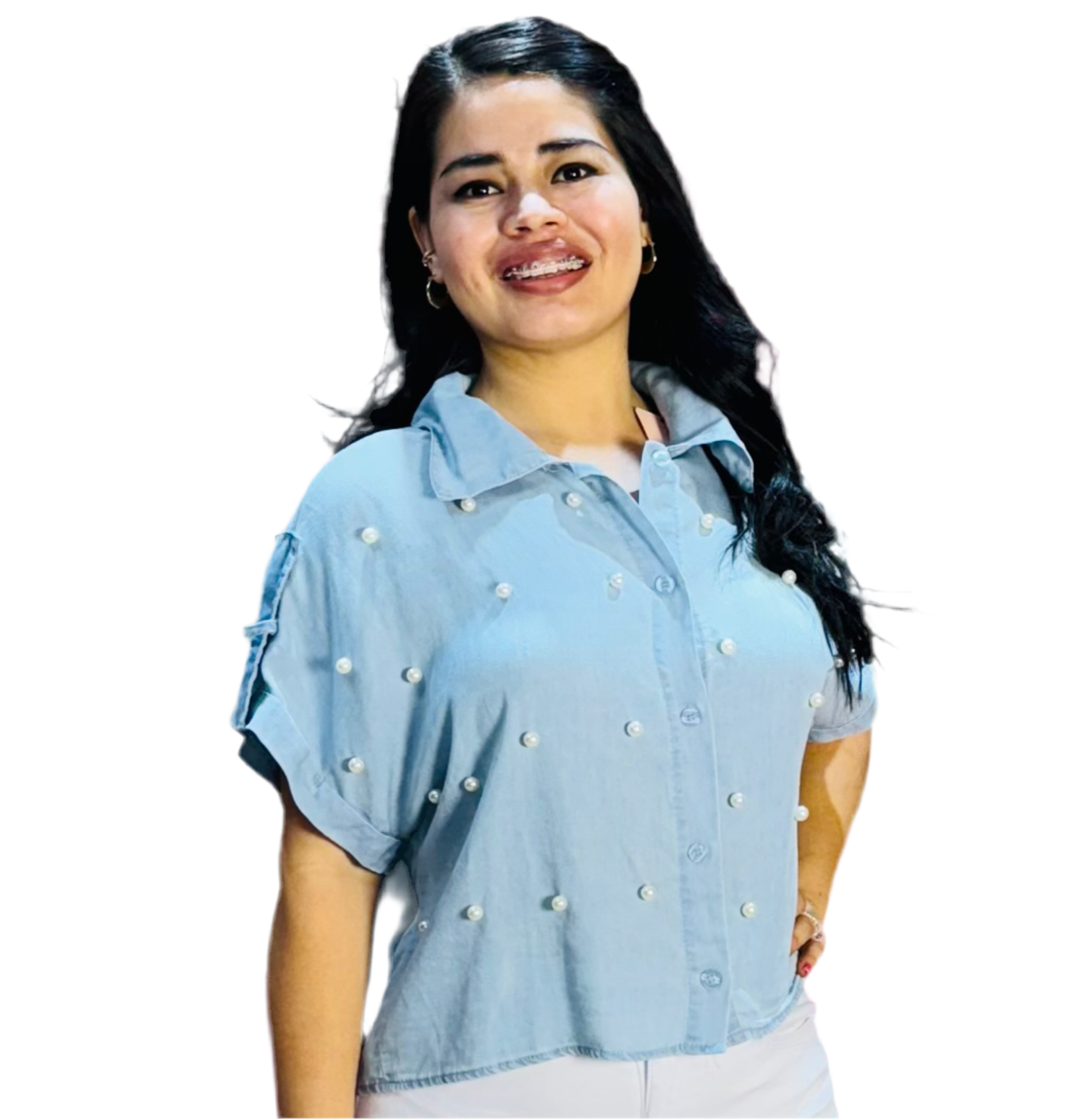 Camisa blusa dama azul jeans claro perlas CTD1188-7 590350