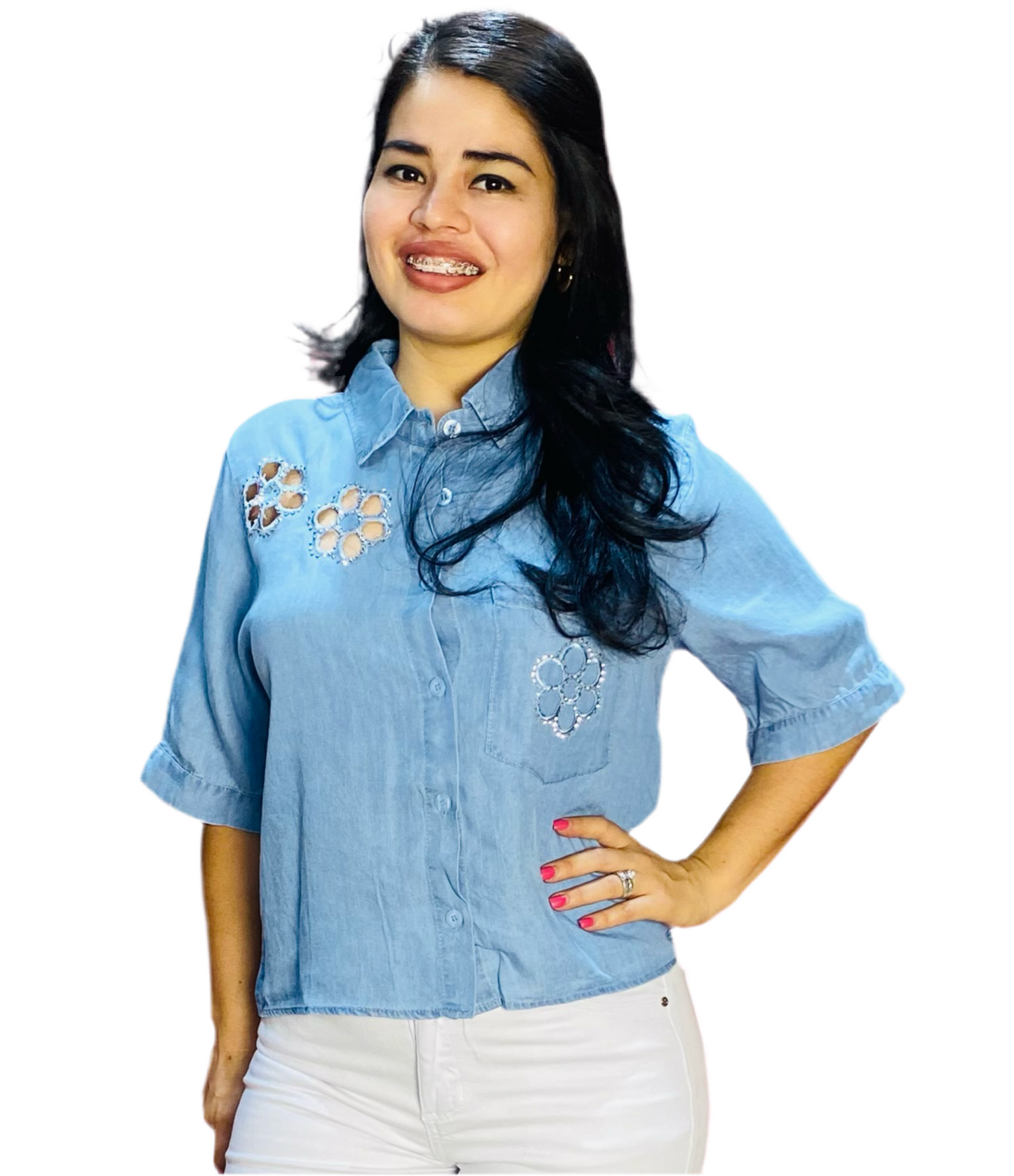 Camisa Blusa Dama azul jeans claro flores CTD1188-14 590420