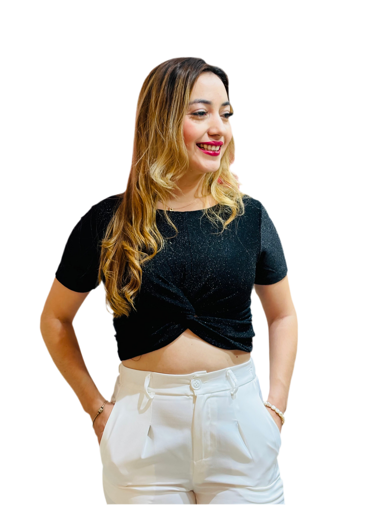 Camisa negra top brillante mujer dama PR1-704 590330