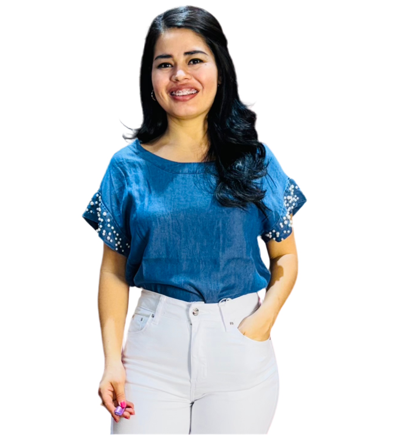 Camisa blusa dama azul jean perla en la manga CTD1188-8 490350