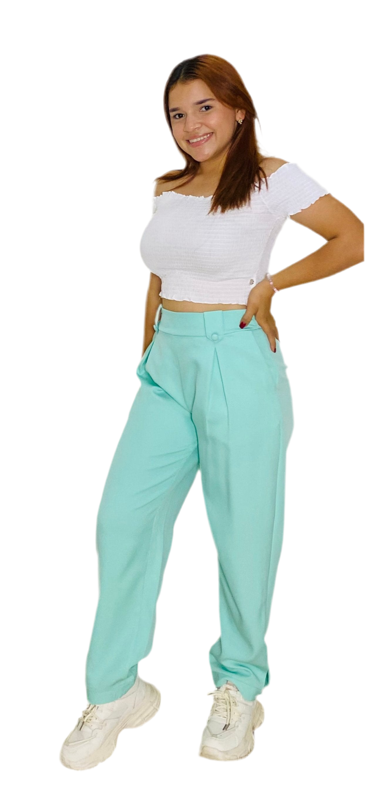 Pantalon tela tiro alto dama mujer M L XL Intrigue INT3-1737 verde aqua