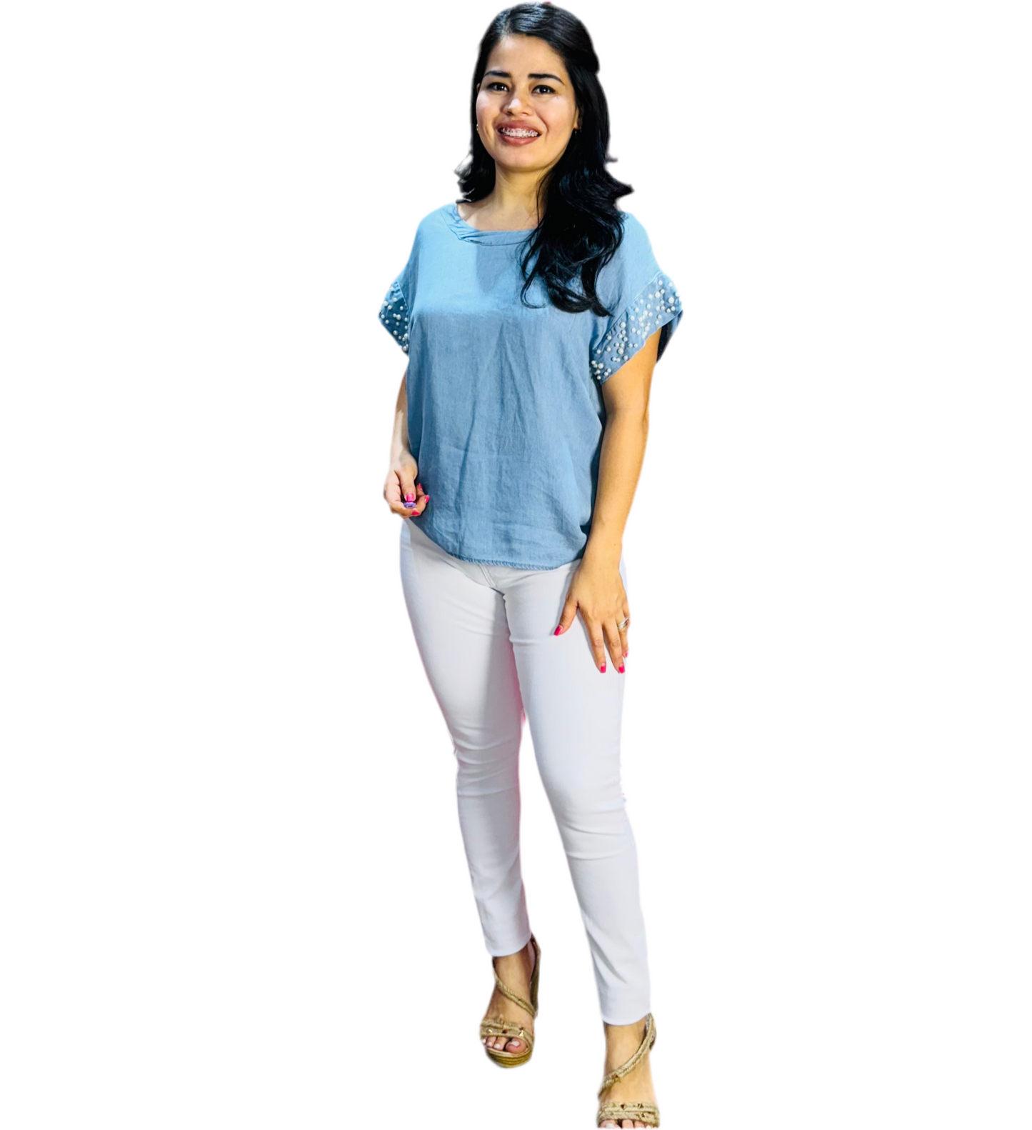 Camisa blusa dama azul claro jean perla en la manga CTD1188-8 490350