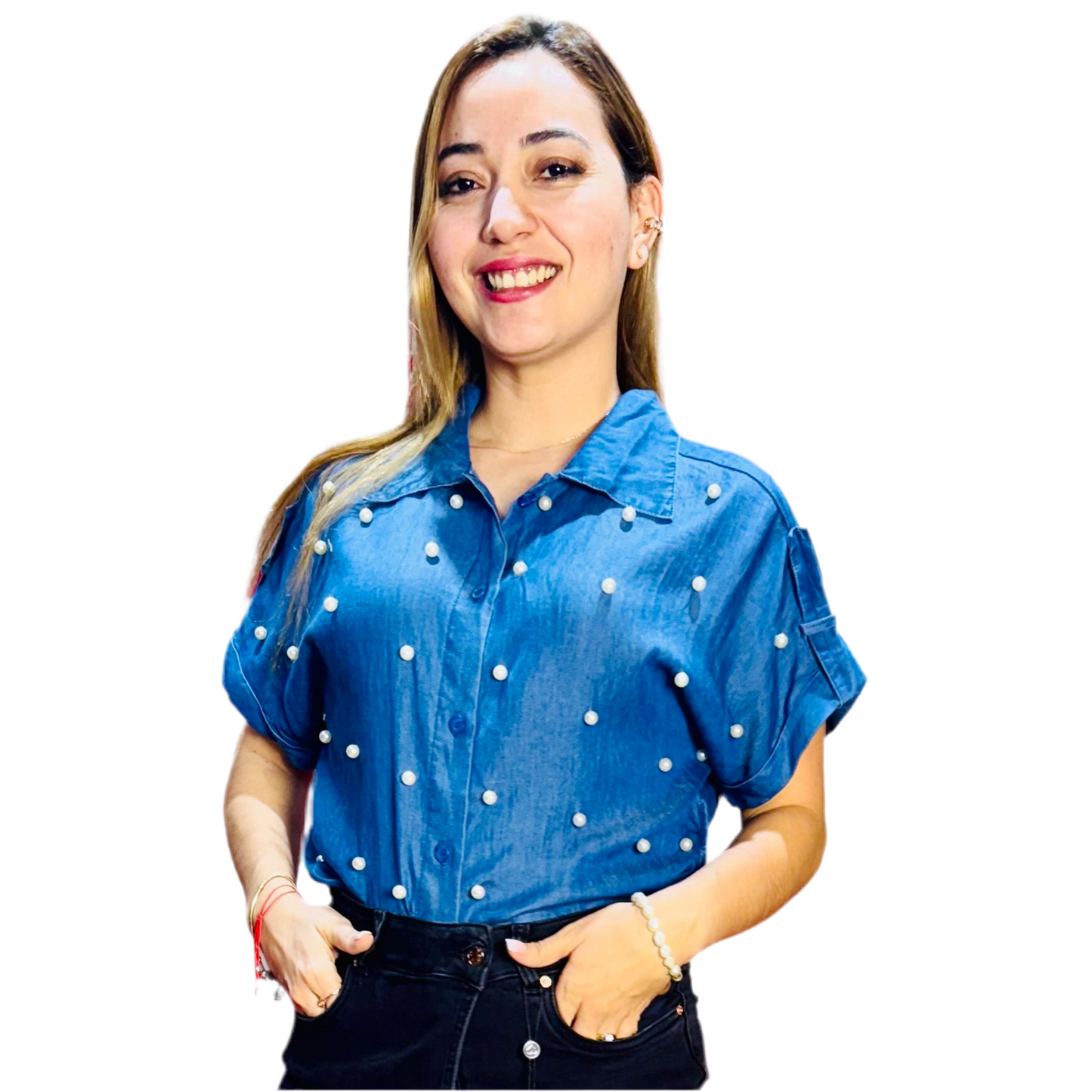 Camisa blusa dama azul jeans oscuro perlas CTD1188-7 590350
