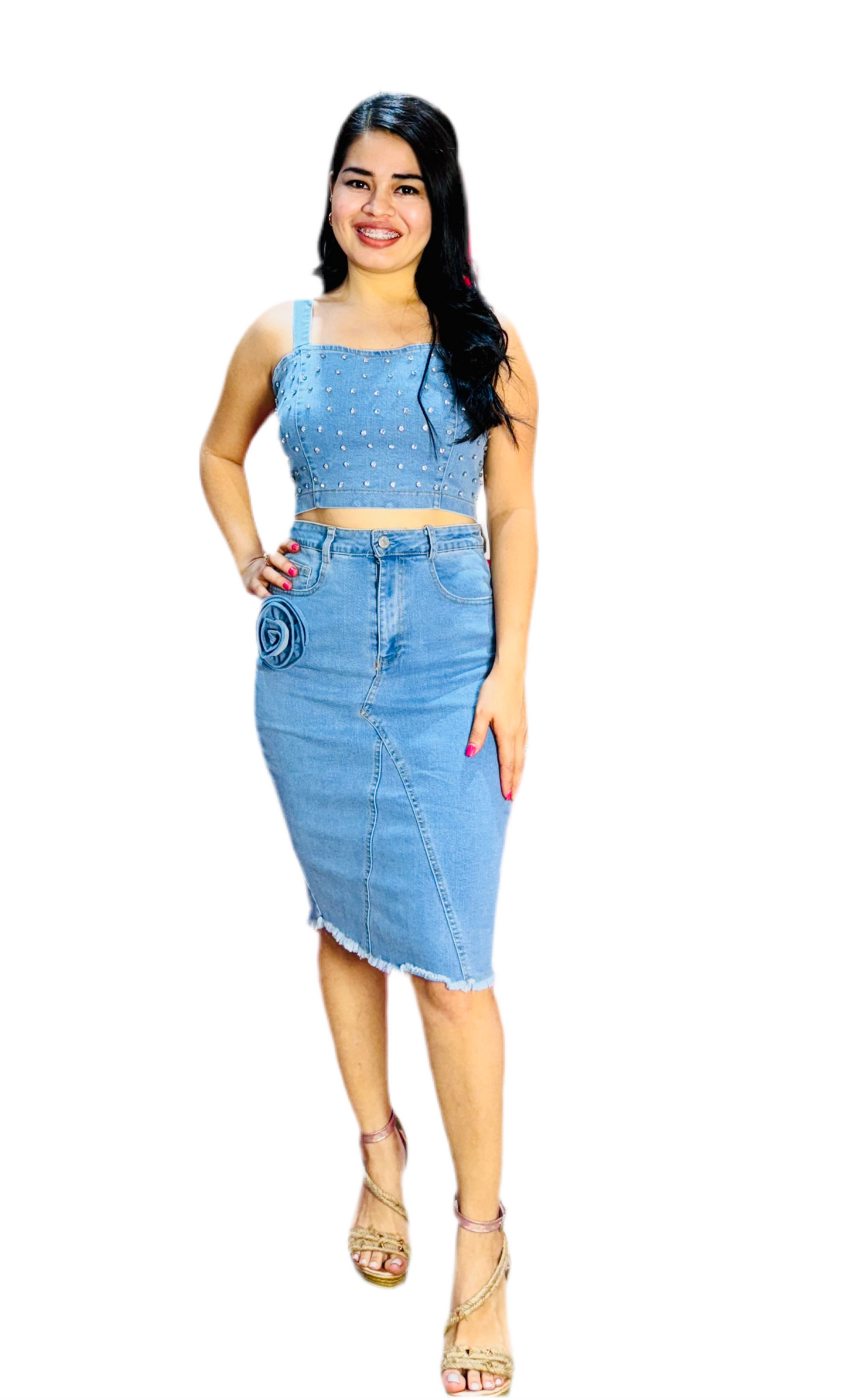 Set de dos piezas falda y top jeans para dama mujer Azul Claro CSD1192-22 1090/790