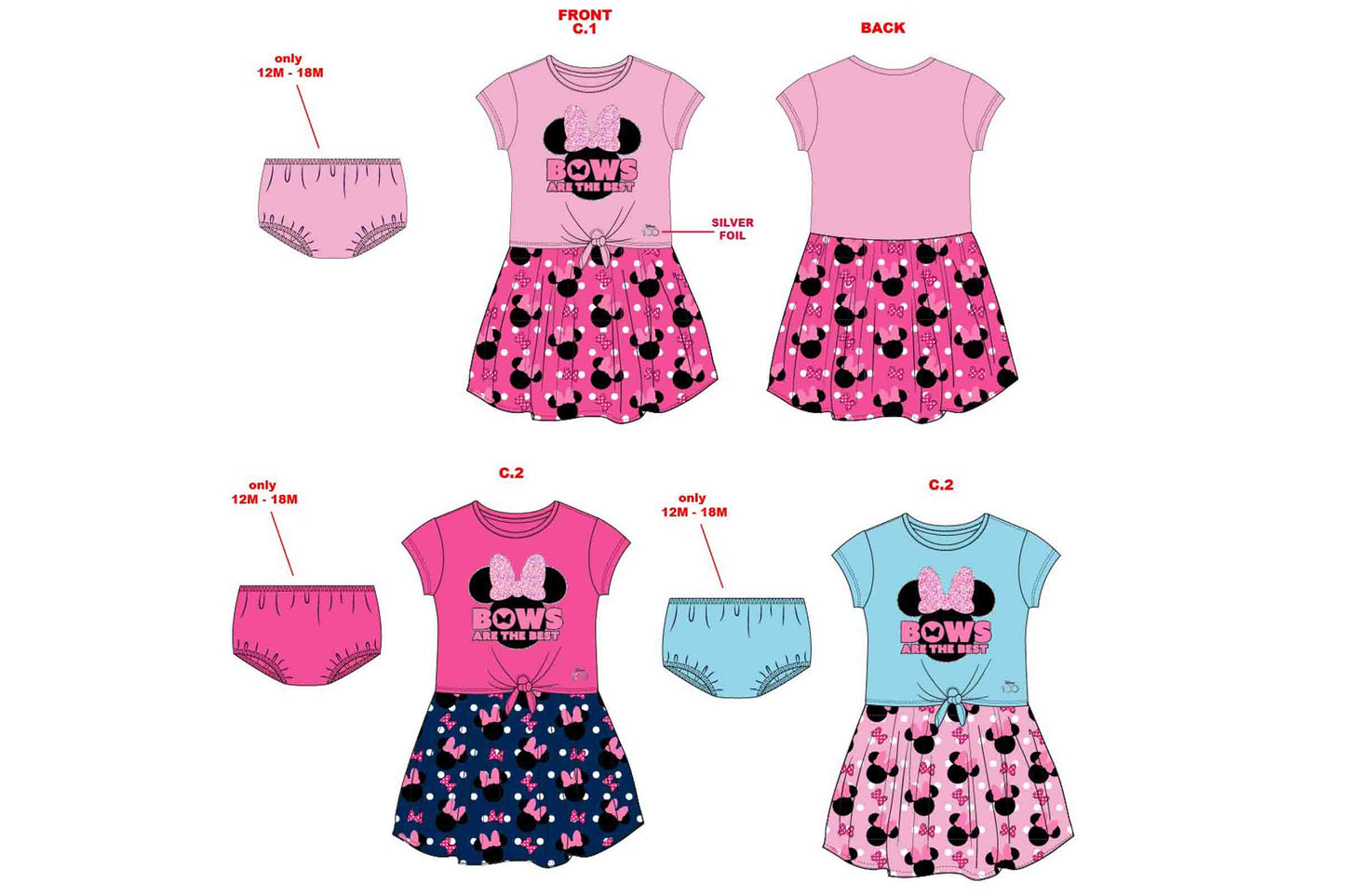 Vestido Minnie Disney Rosado Fucscia Azul Celeste con pantie 12m a 3T D10-MI-1287B 390360