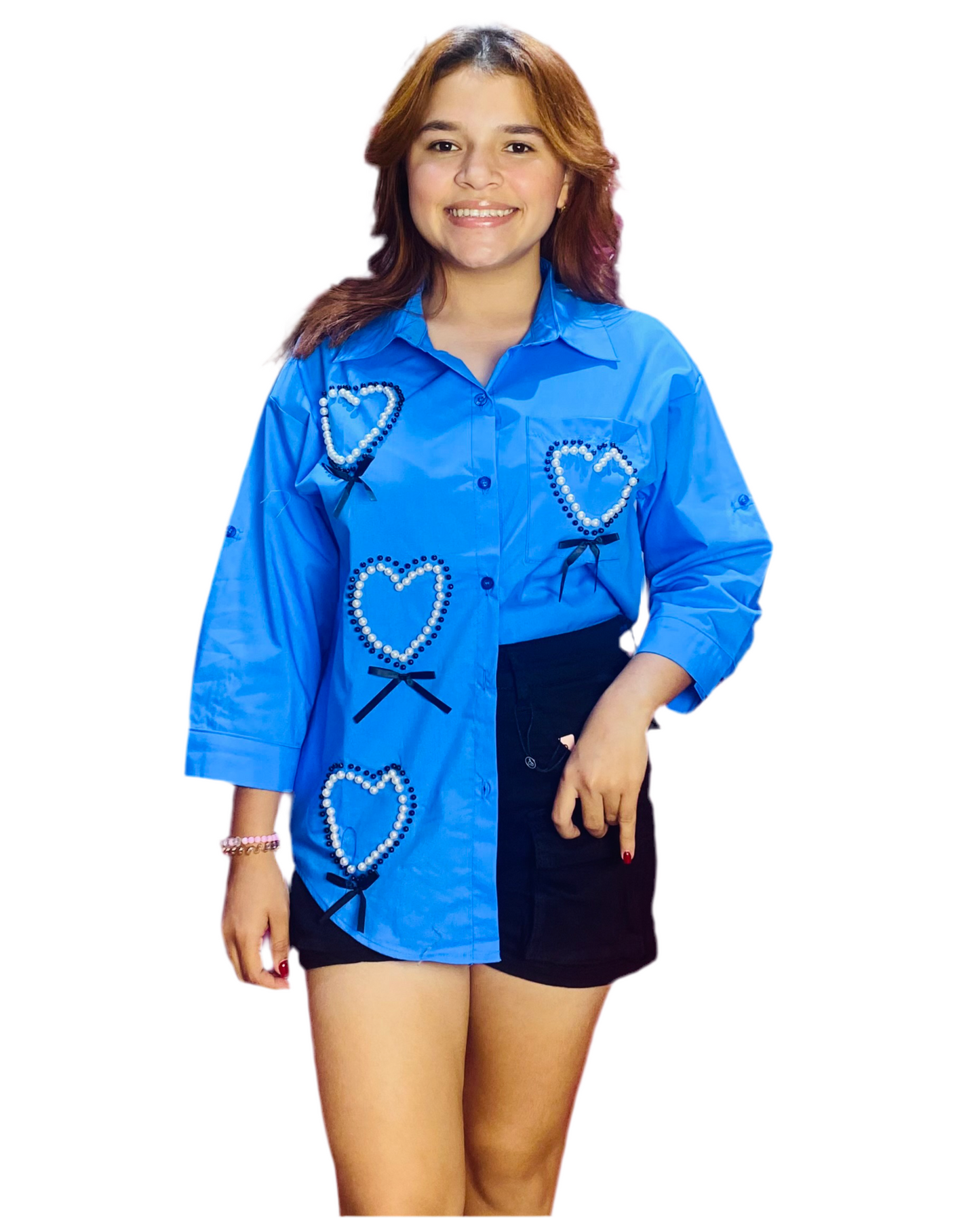 Camisa Blusa Dama manga larga con chongos azul CTD1198-16 690425