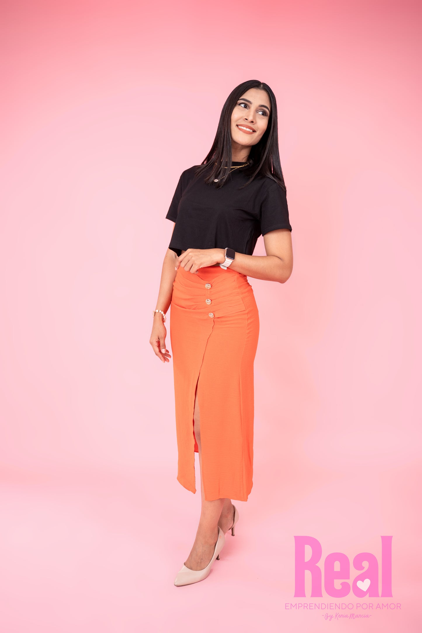 Falda para dama traslapada anaranjada CFD1068-60 590315