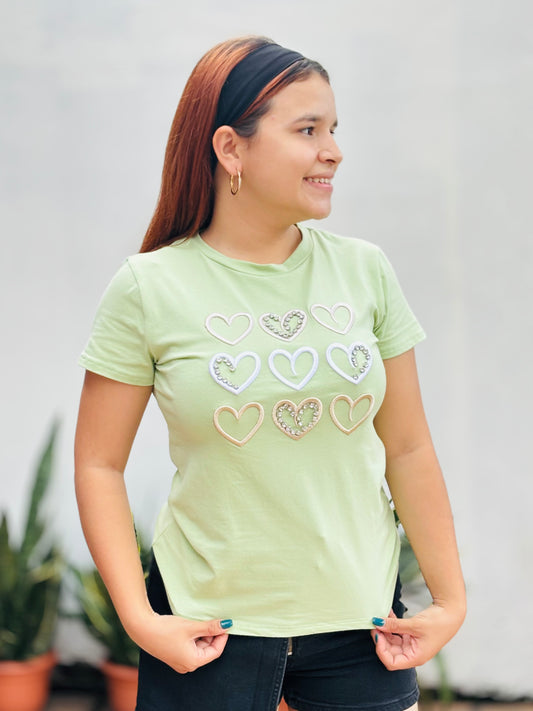 Camisa corazones bordados verde S-XL IN1-2213