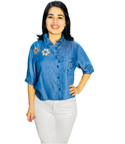 Camisa Blusa Dama azul jeans oscuro flores CTD1188-14 590445