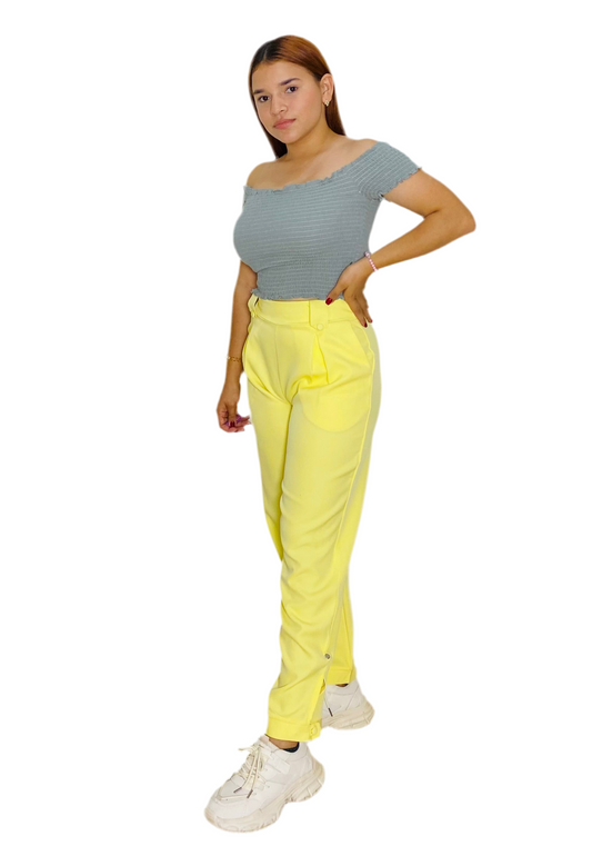 Pantalon tela tiro alto dama mujer amarillo M L XL INT3-1737 590499