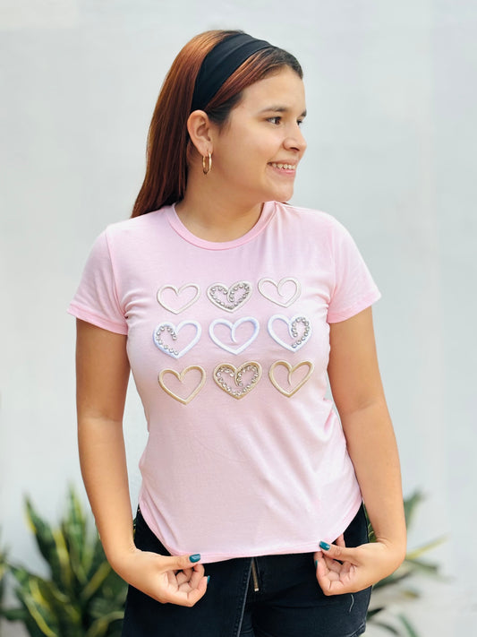 Camisa corazones bordados rosado  S-XL IN1-2213