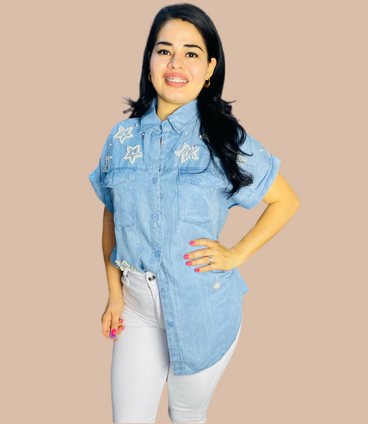 Camisa Blusa Dama azul jean claro estrellas CTD1188-3 590490