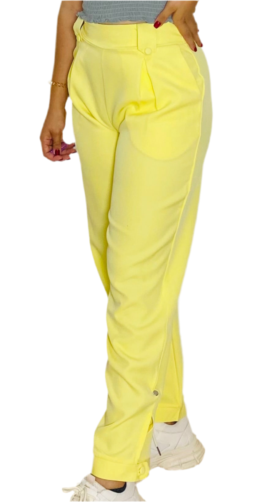 Pantalon tela tiro alto dama mujer amarillo M L XL INT3-1737 590499