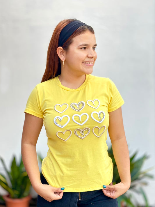 Camisa corazones bordados amarillo  S-XL IN1-2213