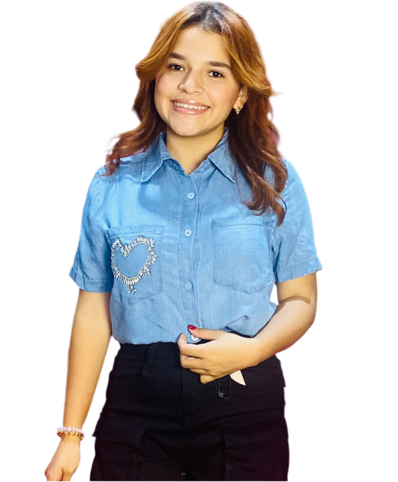 Camisa Blusa Dama azul jeans claro con corazón en bolsa CTD1188-29 590445