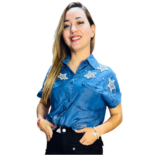 Camisa Blusa Dama azul jean estrellas CTD1188-3 590490