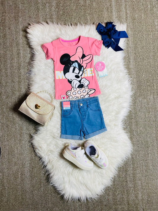 Set conjunto dos piezas minnie short jeans y camisa 12m a 3T D9-MI-1223B rosado claro