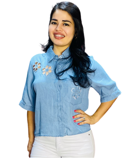 Camisa Blusa Dama azul jeans claro flores CTD1188-14 590445