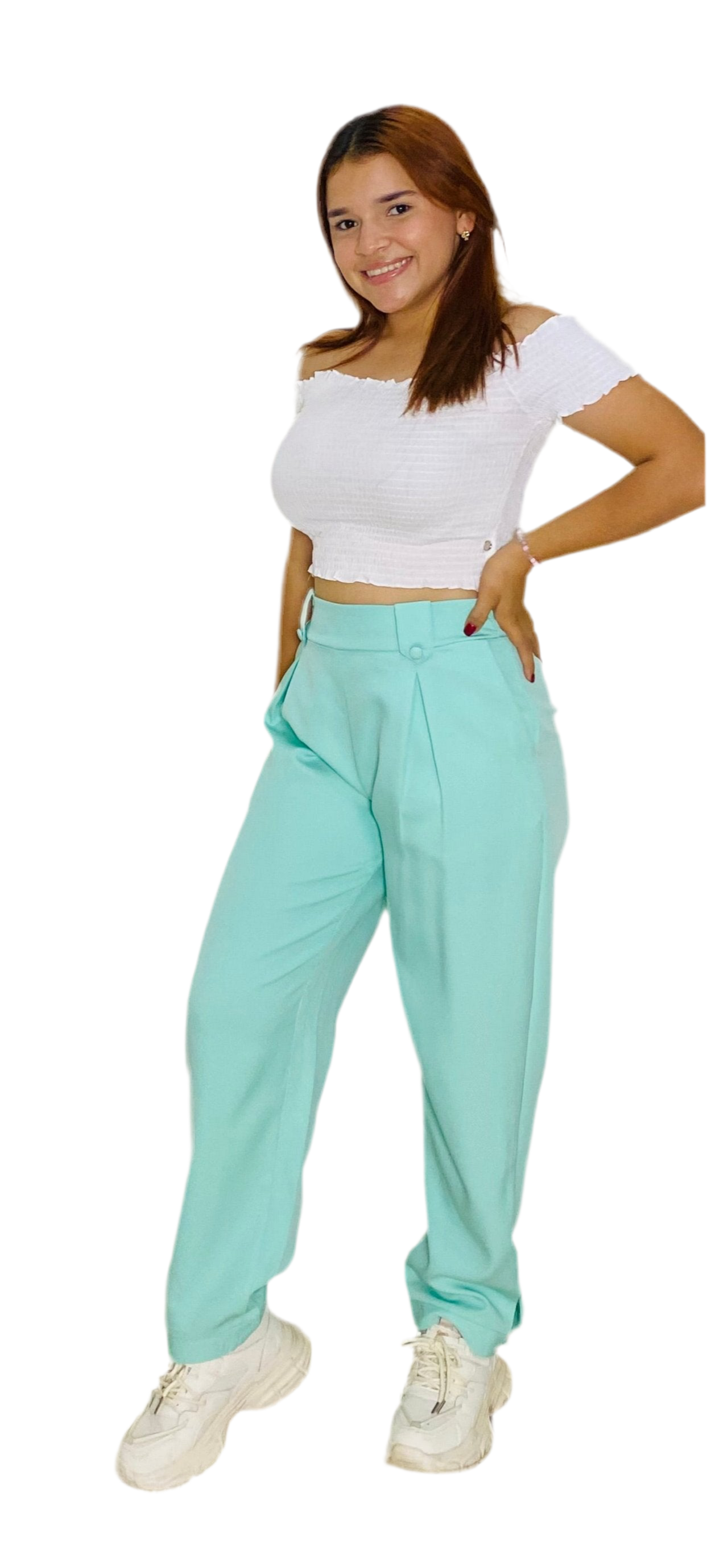 Pantalon tela tiro alto dama mujer M L XL INT3-1737 verde aqua