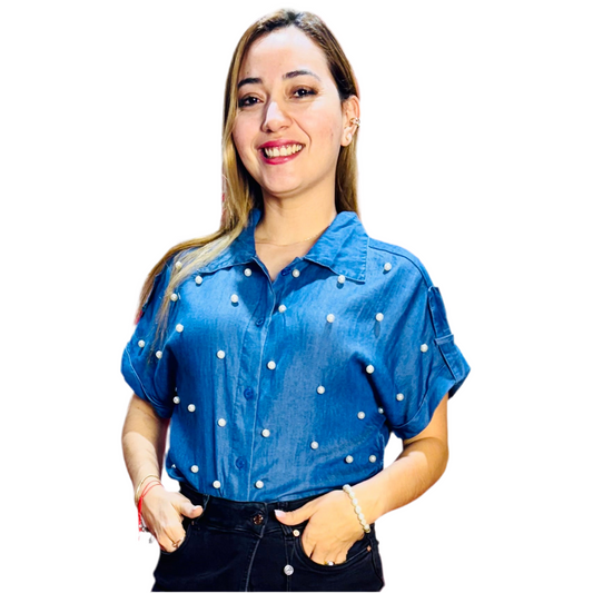 Camisa blusa dama azul jeans oscuro perlas CTD1188-7 590390