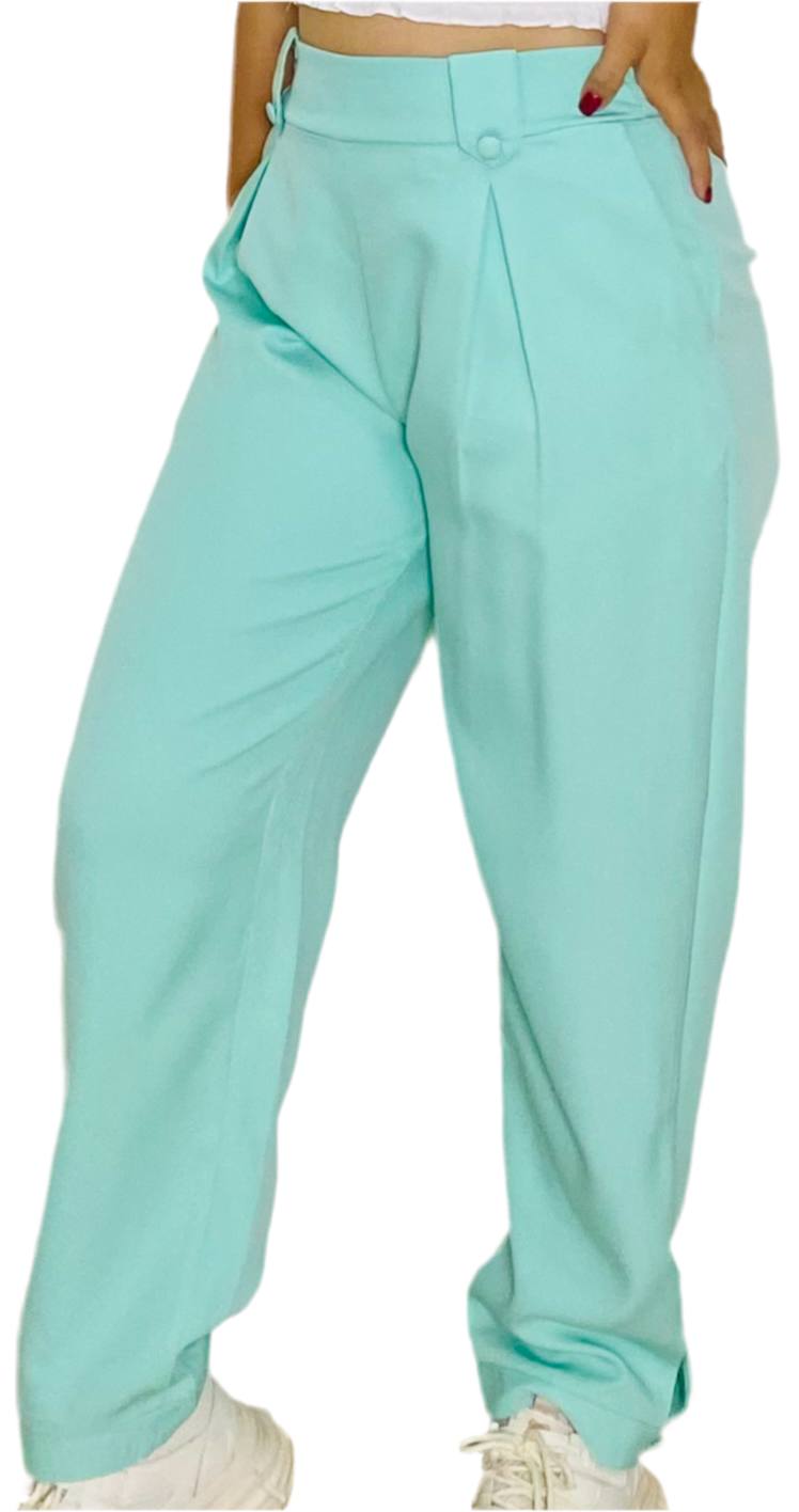 Pantalon tela tiro alto dama mujer M L XL INT3-1737 verde aqua