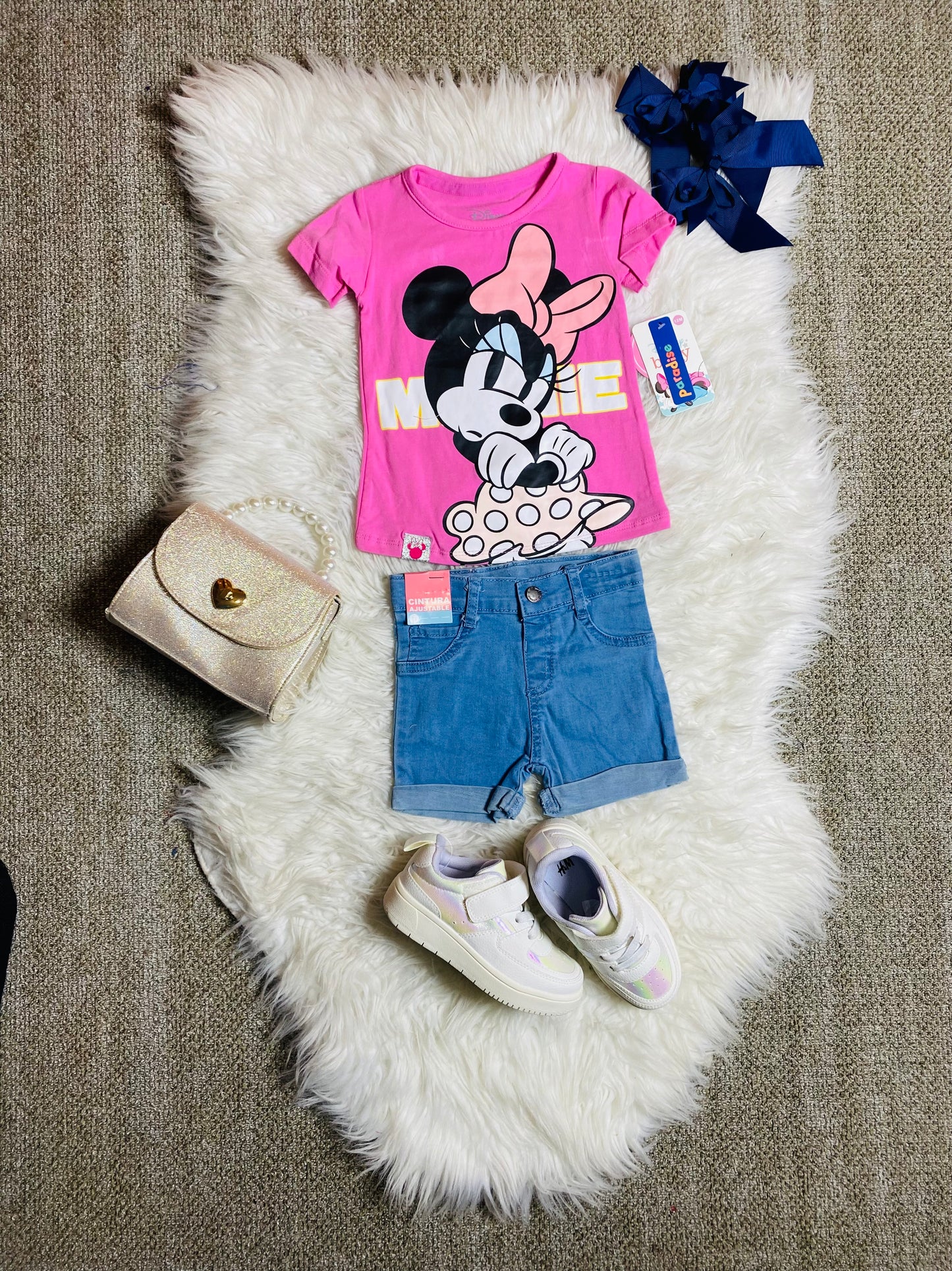 Set conjunto dos piezas minnie short jeans y camisa 12m a 3T D9-MI-1223B rosado fuerte