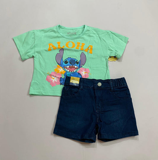 Conjunto para niña short jean verde menta Stitch D9-STI-104D 460340