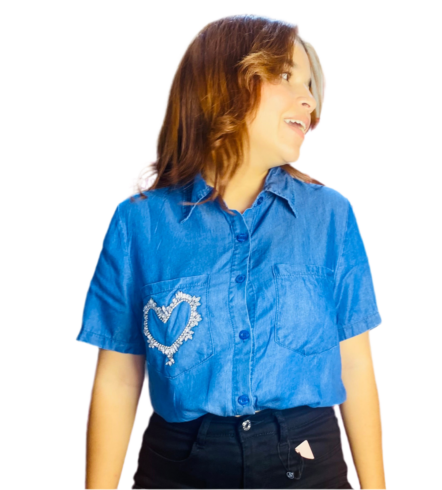 Camisa Blusa Dama azul jeans Oscuro con corazón en bolsa CTD1188-29 590445