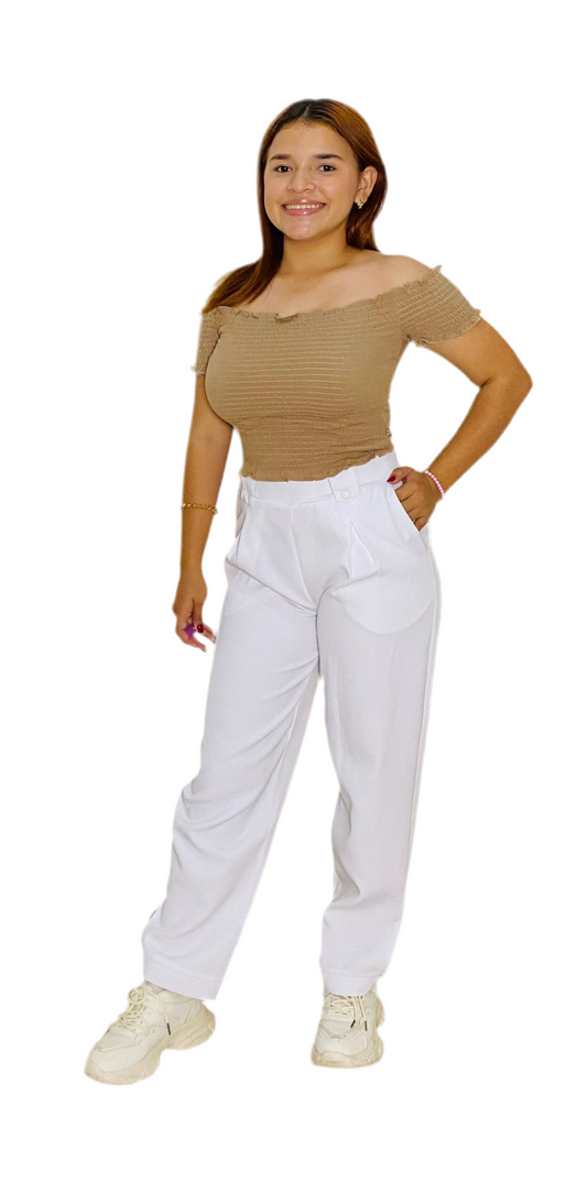 Pantalon tela tiro alto dama mujer INT3-1737 blanco 590/390