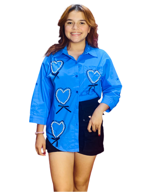 Camisa Blusa Dama manga larga con chongos azul CTD1198-16 690445