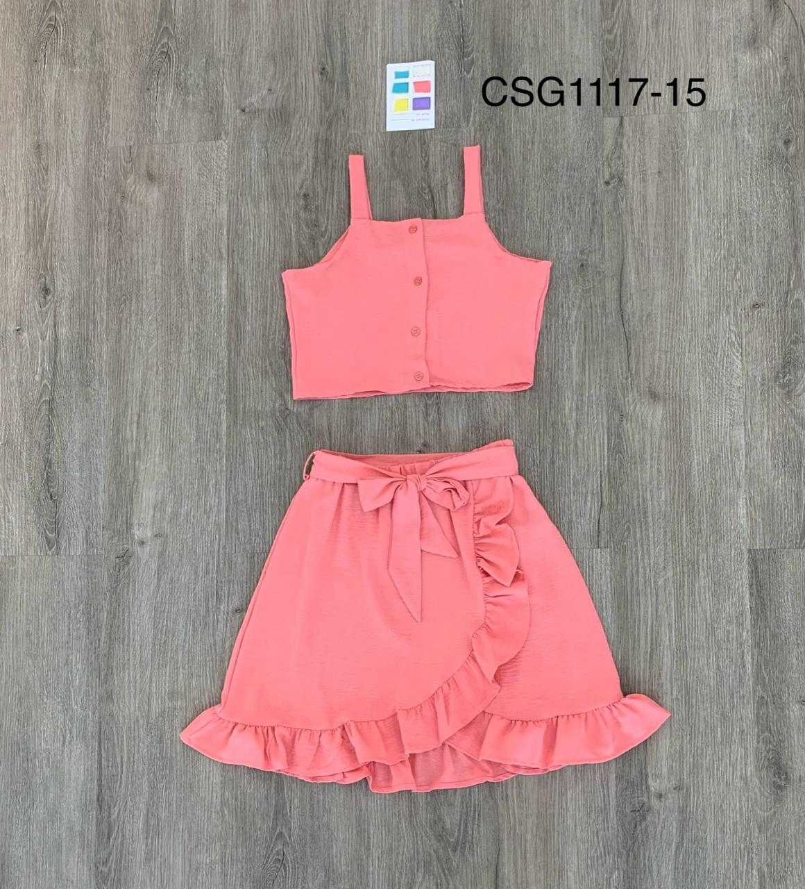 Conjunto set de dos piezas para niña falda y camisa salmón CSG1117-15