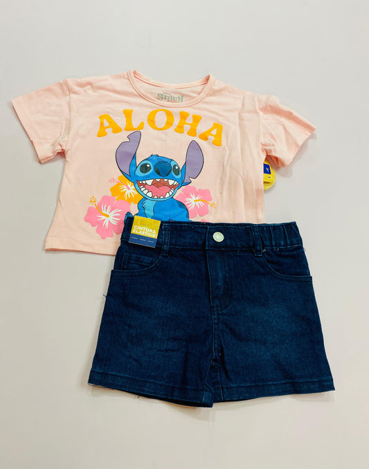 Conjunto para niña short jean rosado Stitch D9-STI-104D 460340
