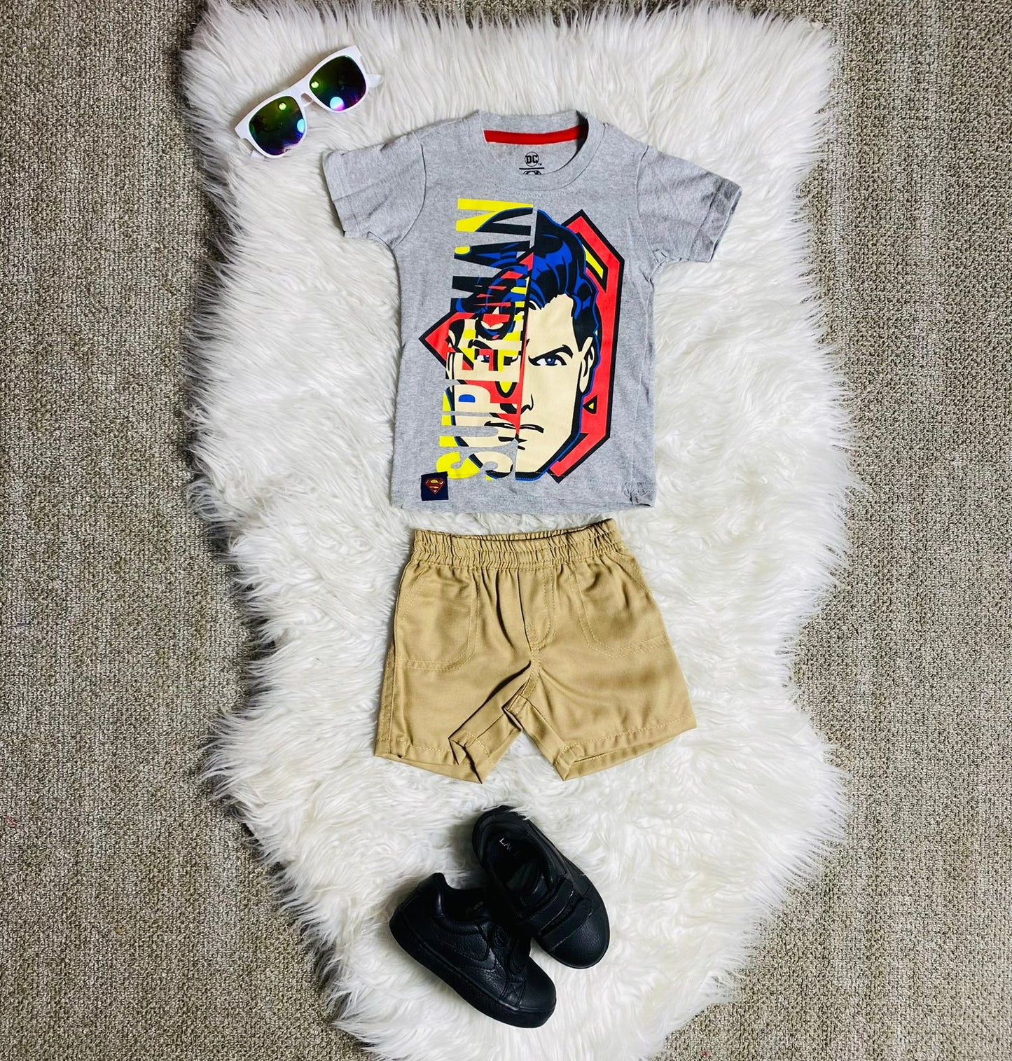 Set conjunto dos piezas para bebe niño super man short y camisa 12m a 3T C9-SM-1026N Gris